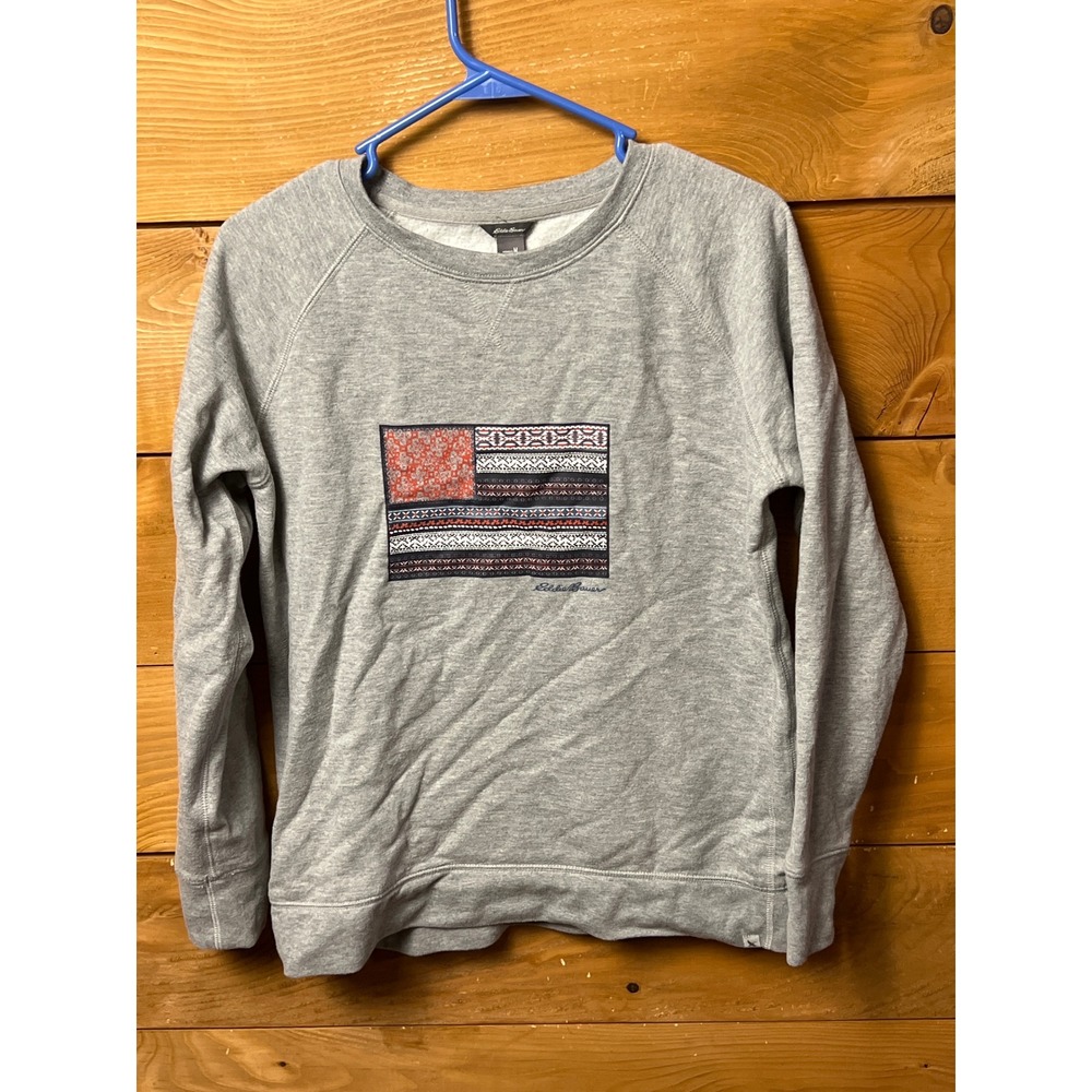 Eddie Bauer Women's Grey Crewneck Md Sweatshirt with American Flag Patch Patriot